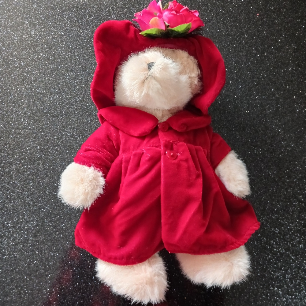 Vintage Avon Teddy Bear in Red Velvet Outfit.